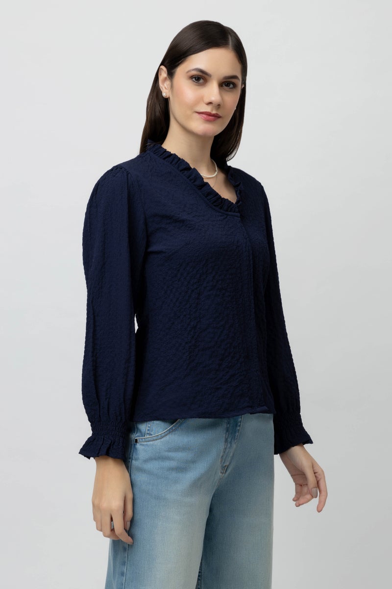 7OUNCE Women's Blue V-Neck Top with Ruffle Detail - Image 3